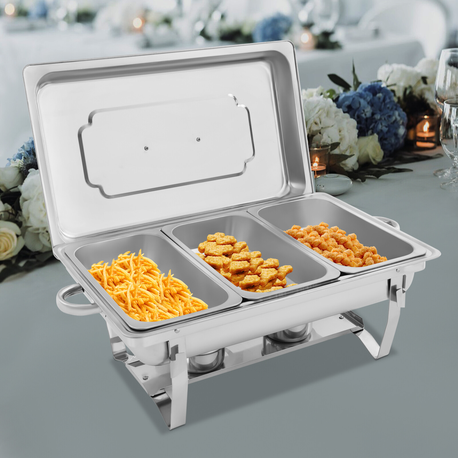 3x3L Chafing Dish Buffet Food Pan Set Stainless Steel Catering Food Warmer w/Lid