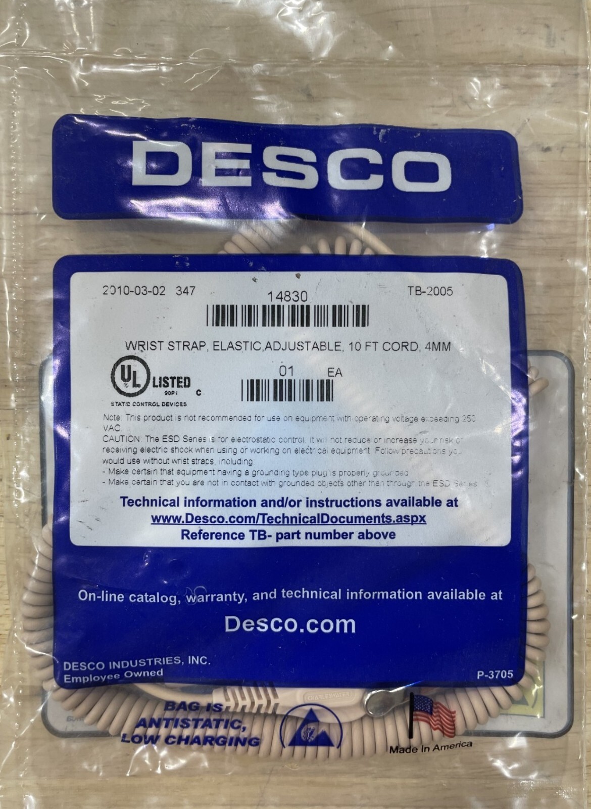 Desco 14830 Reusable Wrist Strap & Cord Set, w/ 10-foot Coiled Cord, Adjustable