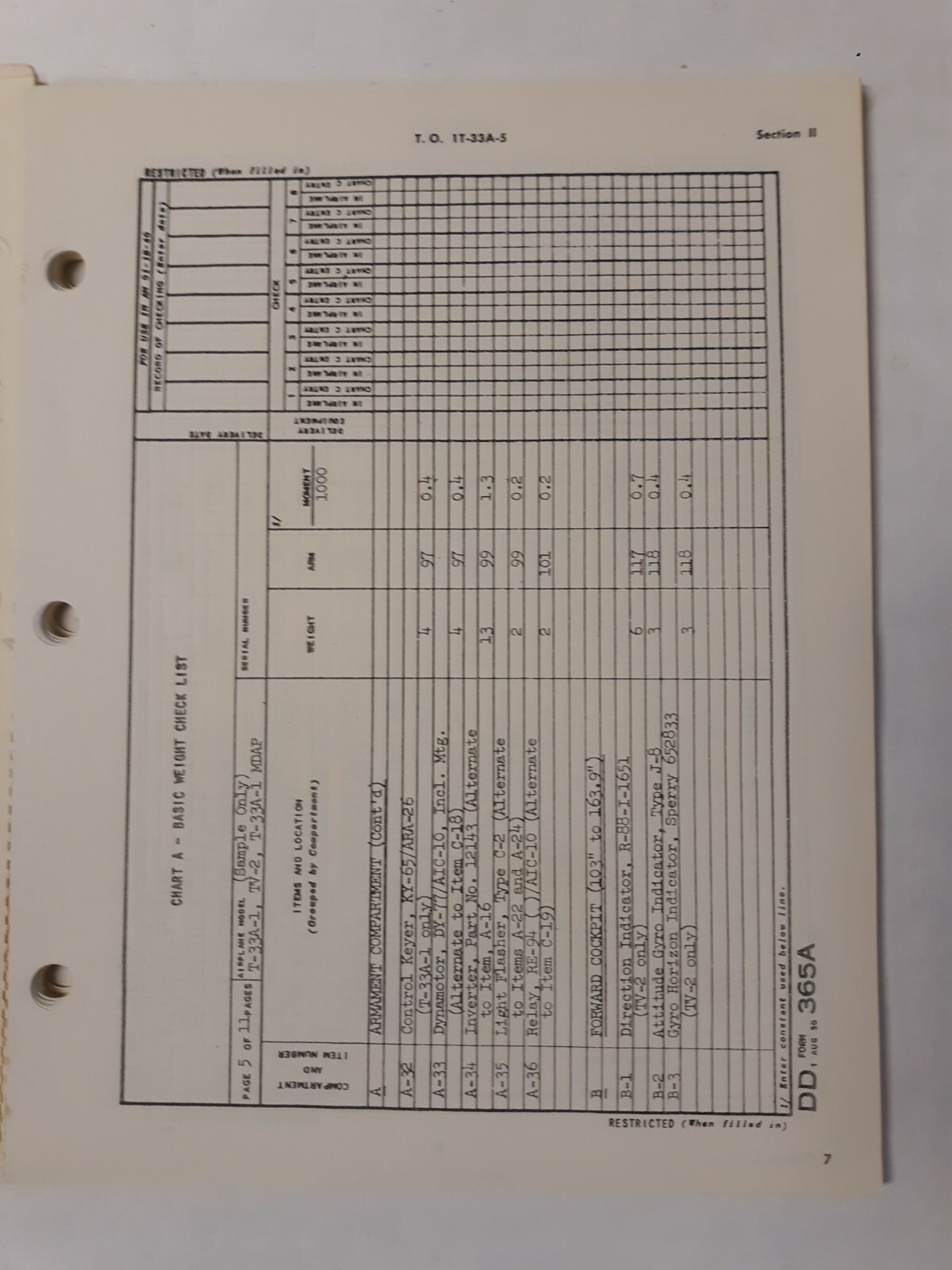 Lockheed T-33A-1-5-10-15/TV-2 Aircraft Basic Weight Checklist & Loading Data