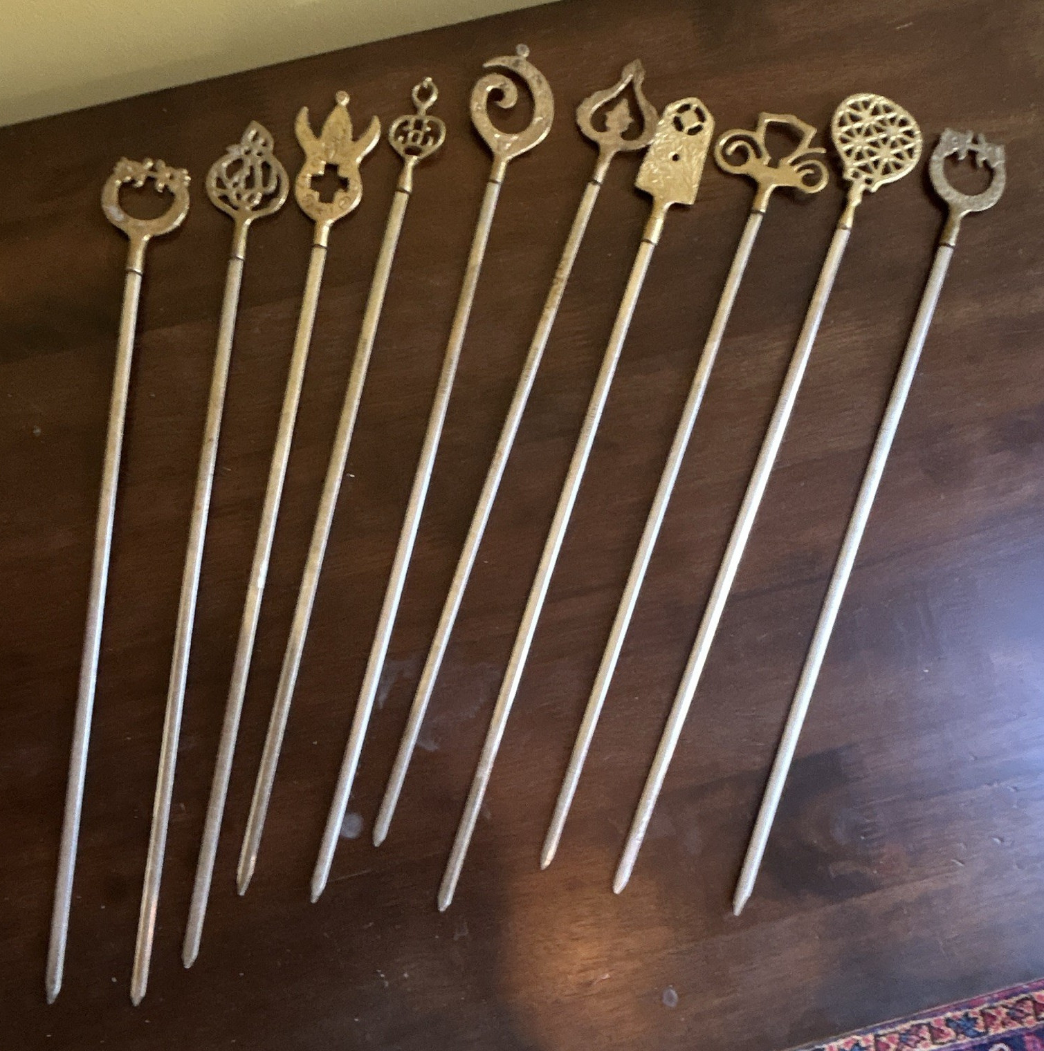 10 Vintage Turkish 16.5in Skewer Set, Decorative BrGold Toned Decorative Tops