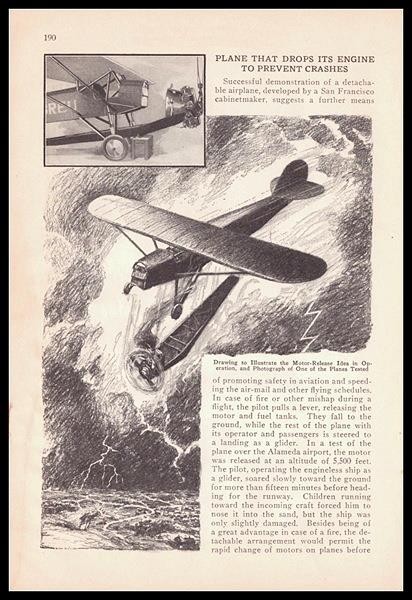 Abreu AE-5 1929 article experimental “Plane Drops its Engine to Prevent Crashes”