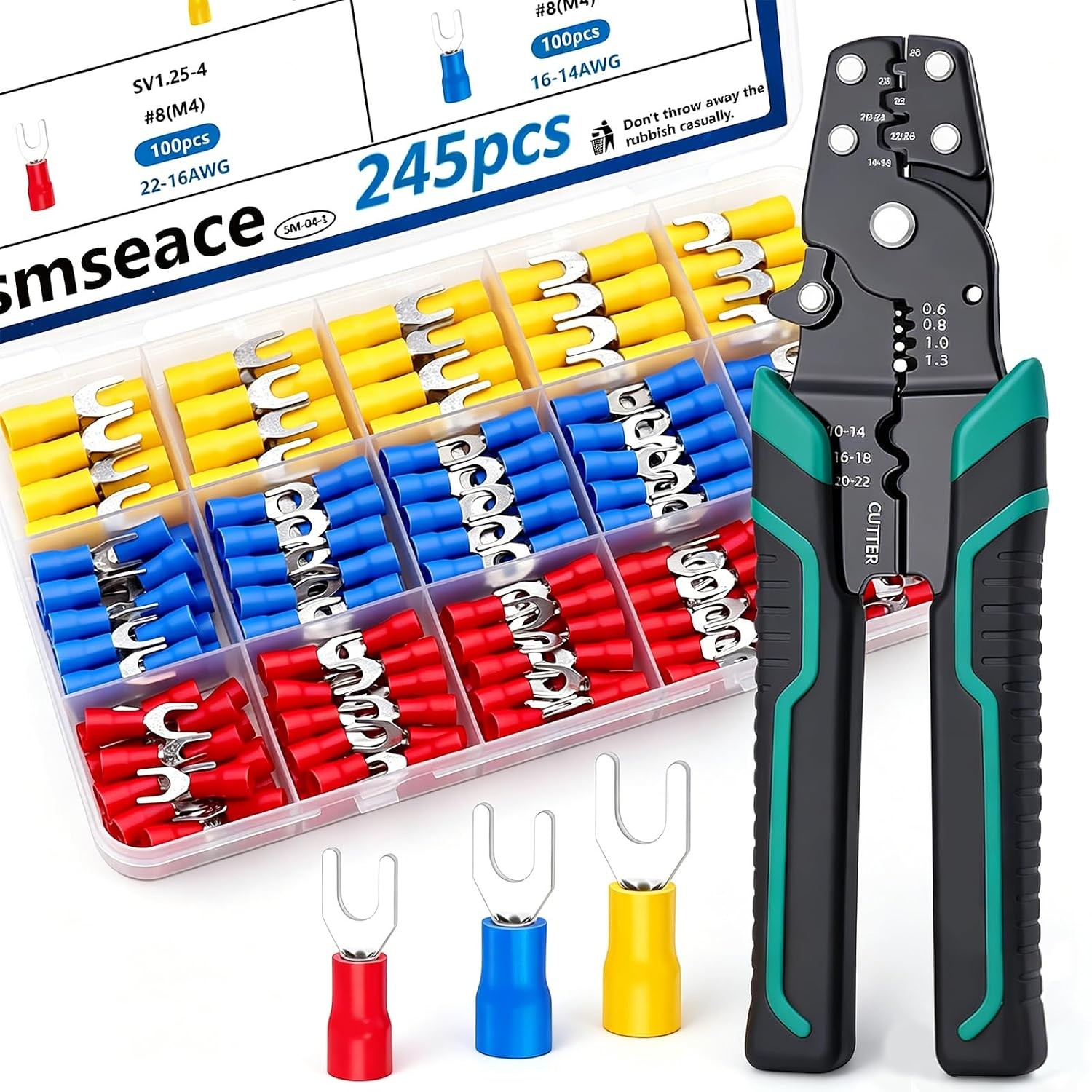246pcs Crimping Tool with Fork Spade Connectors 3-Sizes M4/#8 22-10AWG Wire Fork