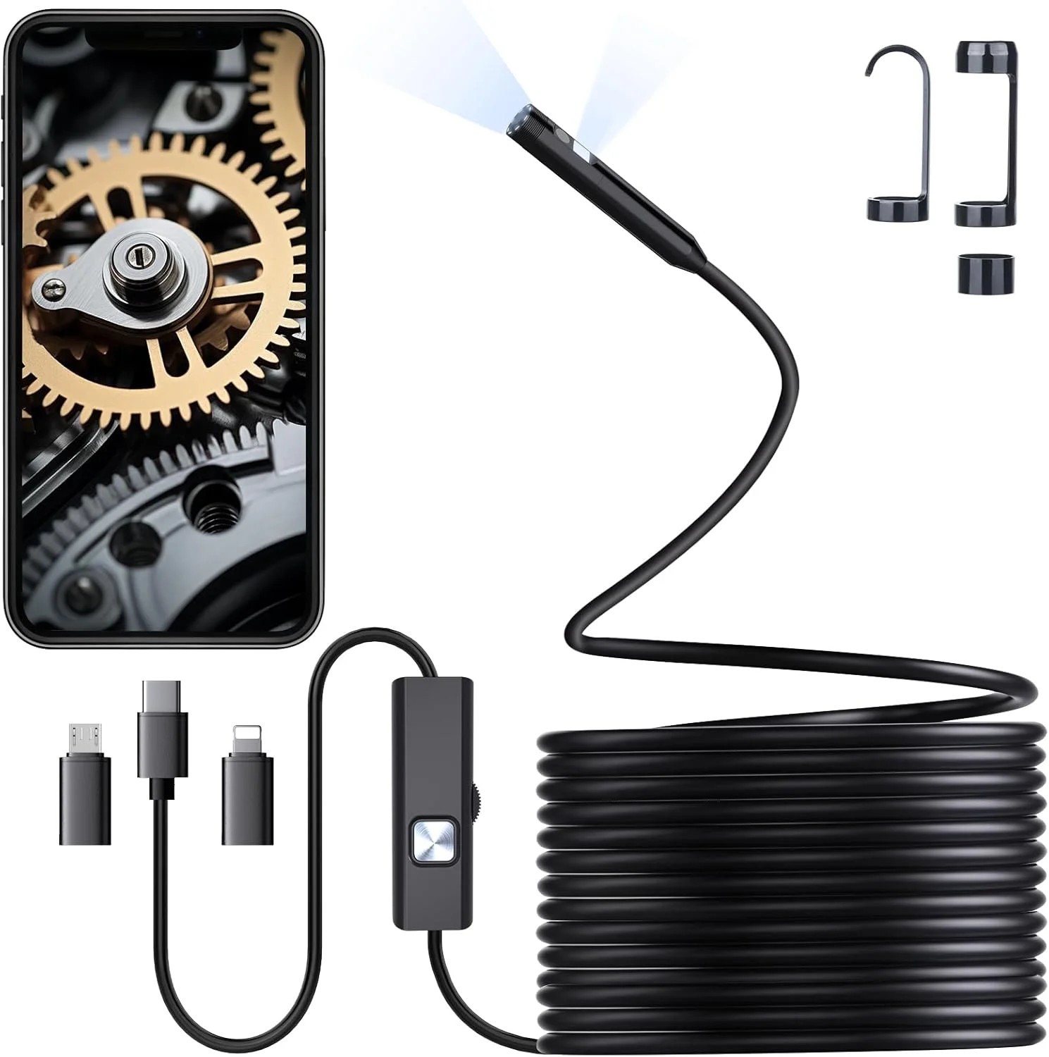 Preciva Endoscope Camera with Dual Lenses, 1920P HD Borescope Camera with 8 Adju