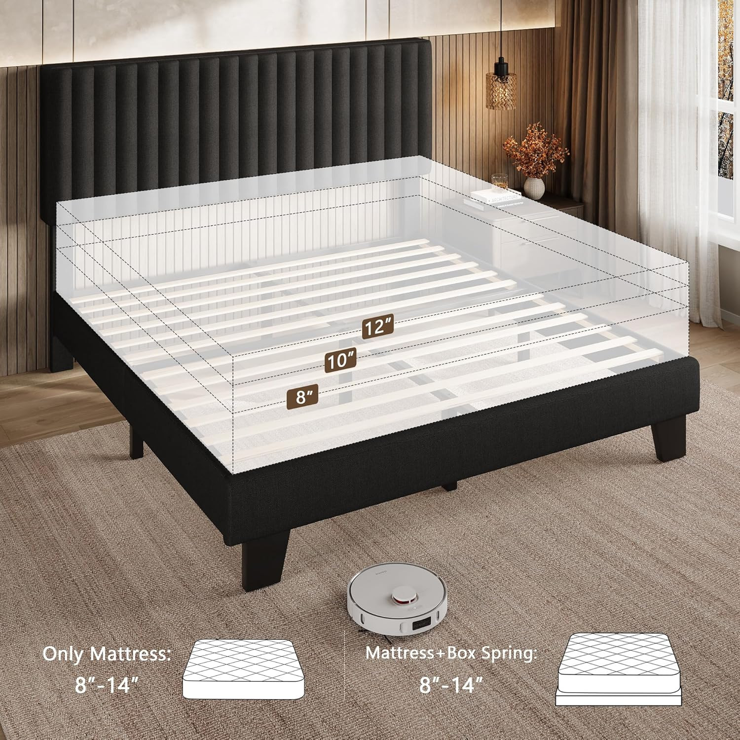 Queen Size Bed Frame w/ Headboard, Upholstered Linen Platform Bedframe with Soli