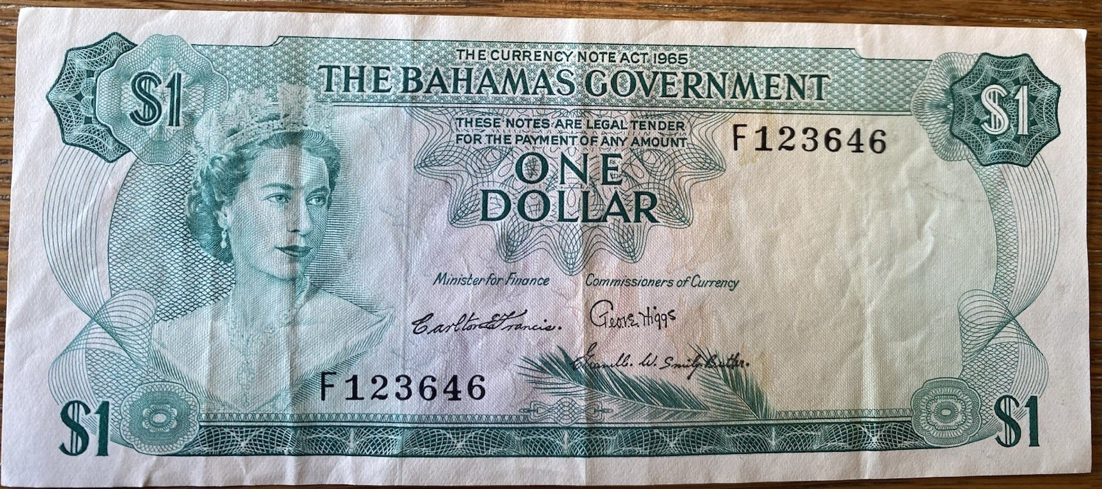 1965 Bahamas $1 Dollar P# 18b Francis, Higgs & Smiley-Butler F123646