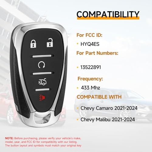Key Fob Replacement Fits for Chevy Camaro Malibu 2021 2022 2023 2024 Smart Car