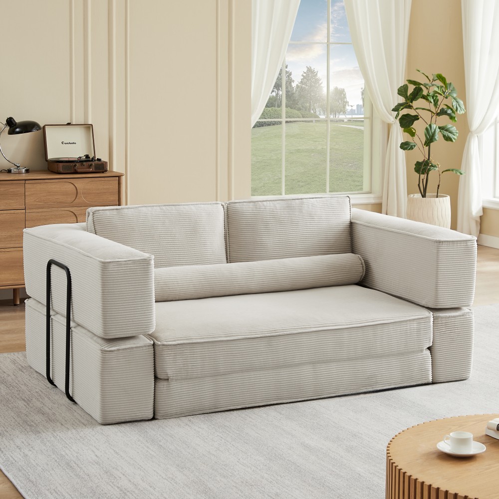 4-Seat Corduroy Modular Sectional Sofa Deep Seat Convertible Khaki Free Shipping