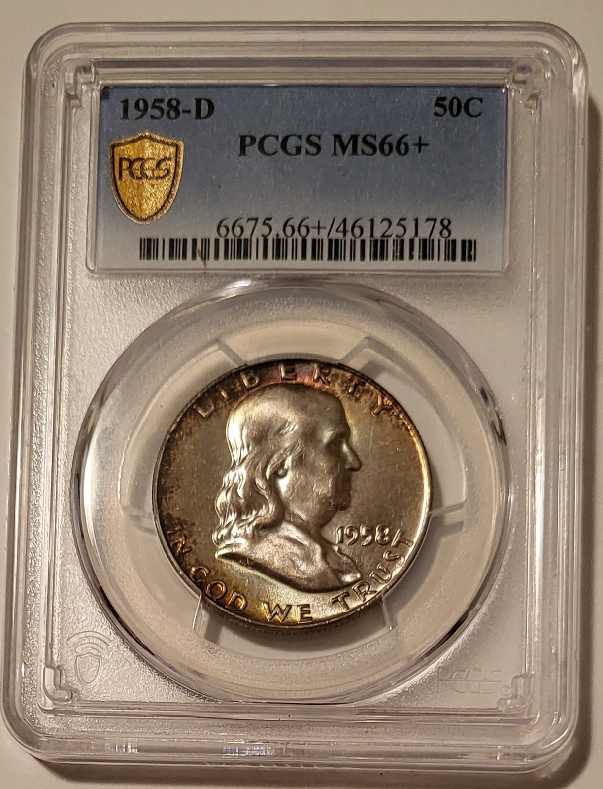 1958 D Franklin Half Dollar D/D RPM-001 (Stickered Reverse) Unc MS66+ PCGS Toned