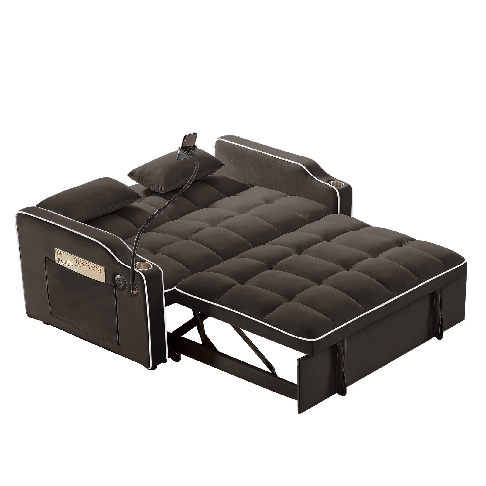Versatile Foldable Double Seat Recliner,Comfortable Velvet Pull-Out Sleeper Sof