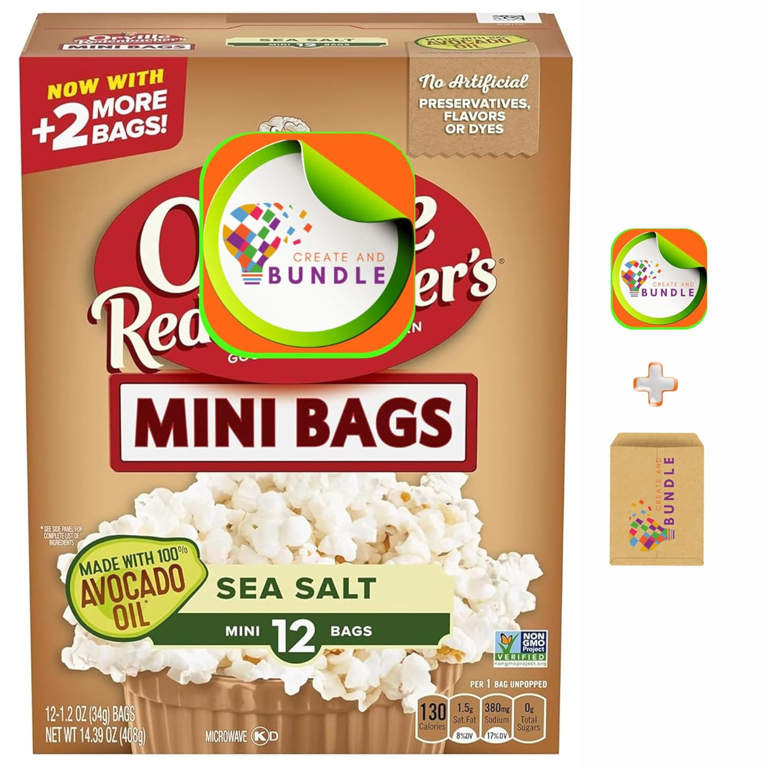 Avocado Oil & Sea Salt Microwave Popcorn - Gourmet Snack Pack of 12 Mini Bags (1