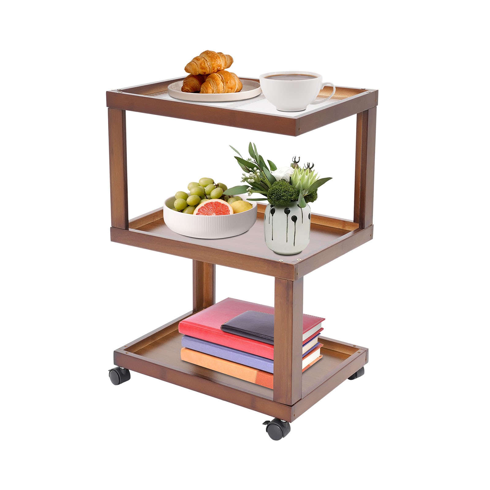 3-Tier Dark Brown Wood Nightstand End Table for Small Spaces with Open Storage