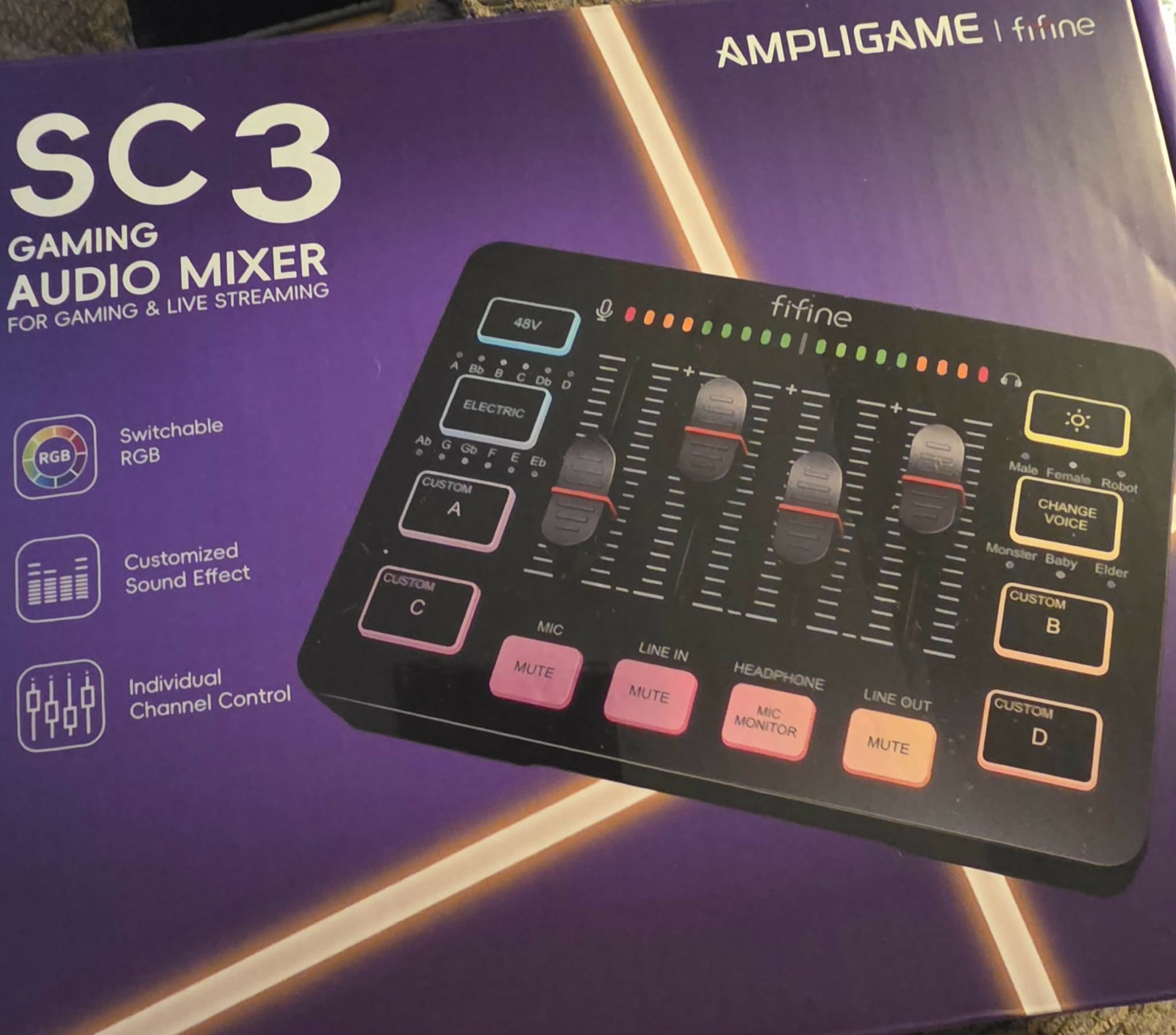 FiFine Ampligame SC3 Audio Mixer –Stream, Podcast, Voice FX, RGB, USB Sound Card