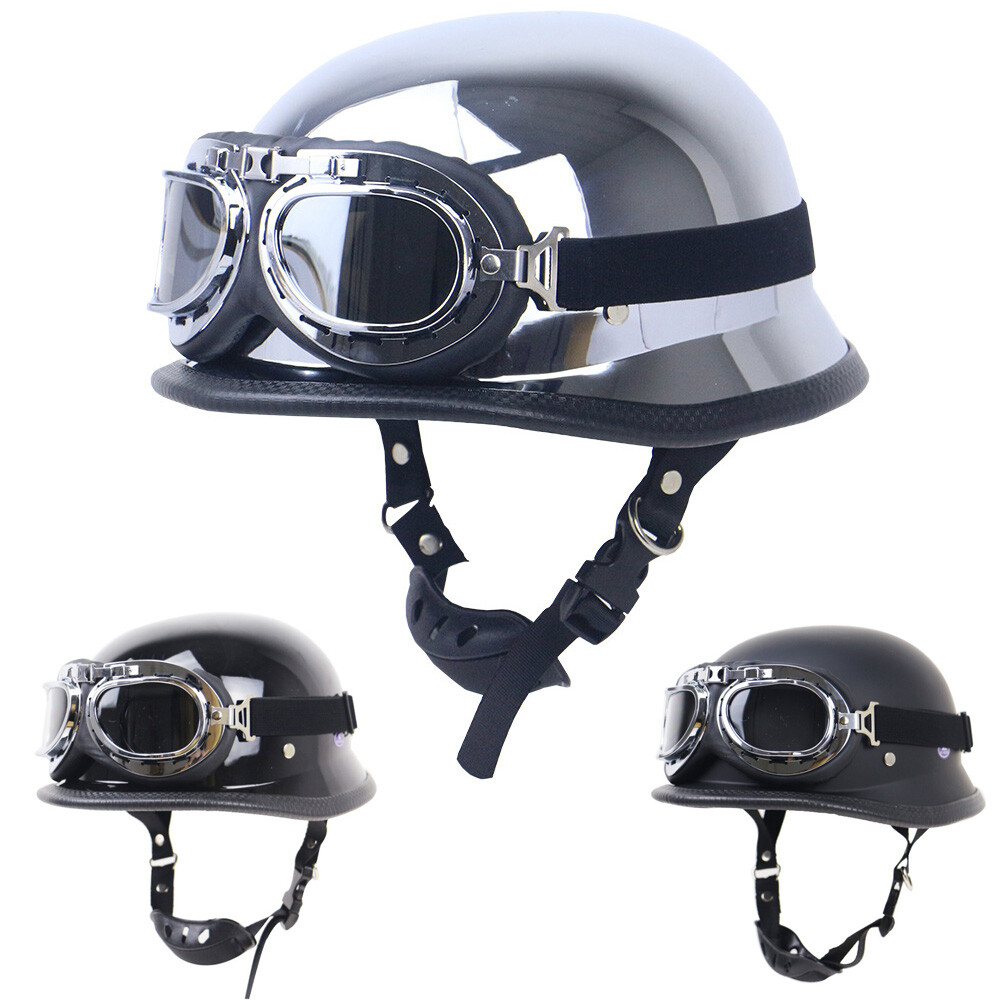 DOT German Style Motorcycle Half Helmet w/Goggles Chopper Cruiser Scooter Helmet