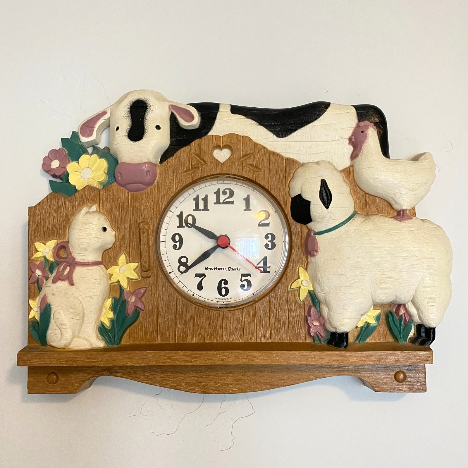 Vintage Burwood Cottage Farm Animal Wall Clock New Haven Cow Sheep Flowers Works