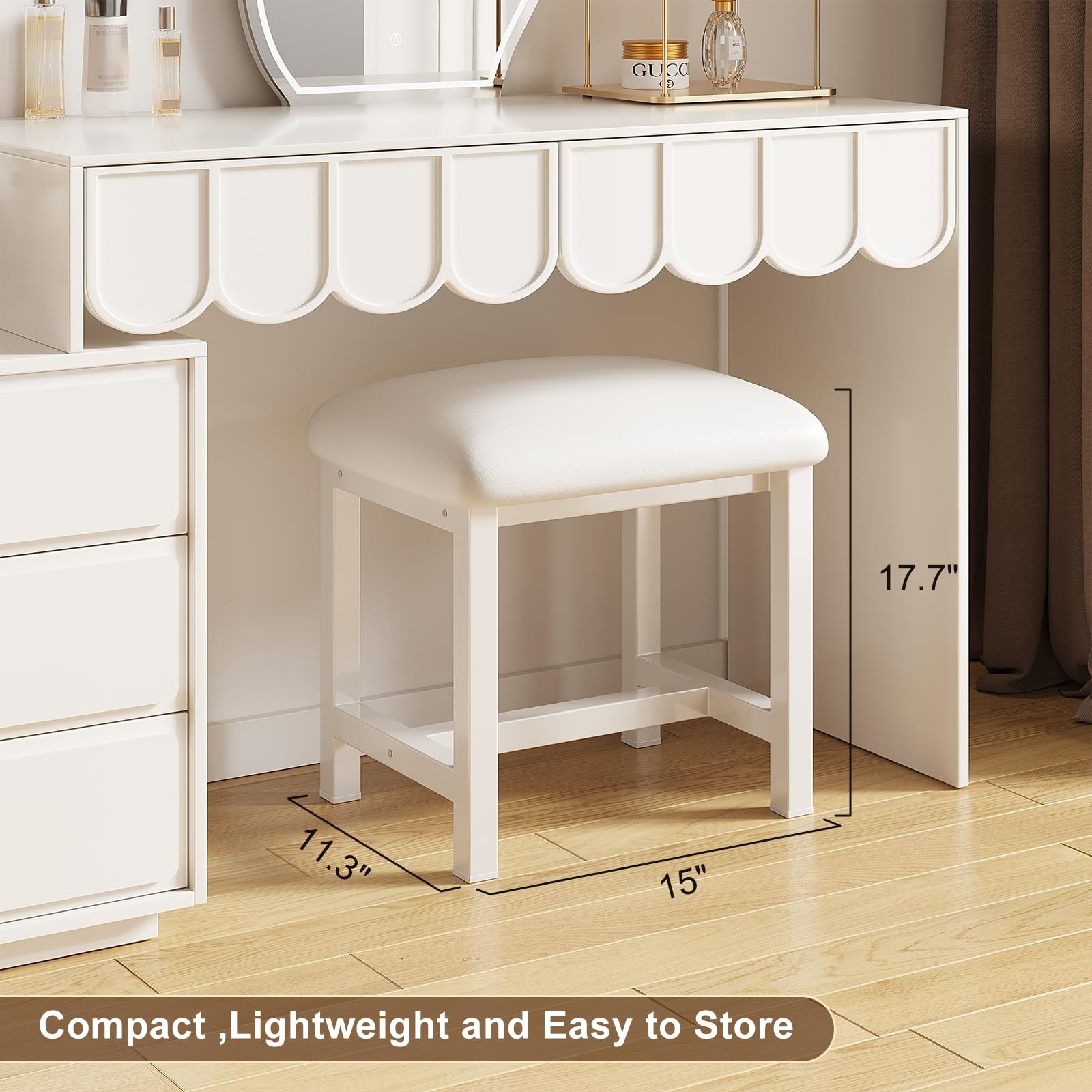 White Vanity Stool Small Makeup Bench Leather Cushioned Desk Chair Bedroom