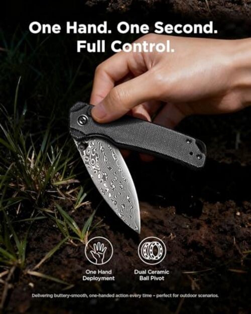 Damascus Folding Pocket Knife, 2.99" Blade Micarta Handle Sharp Cool Black