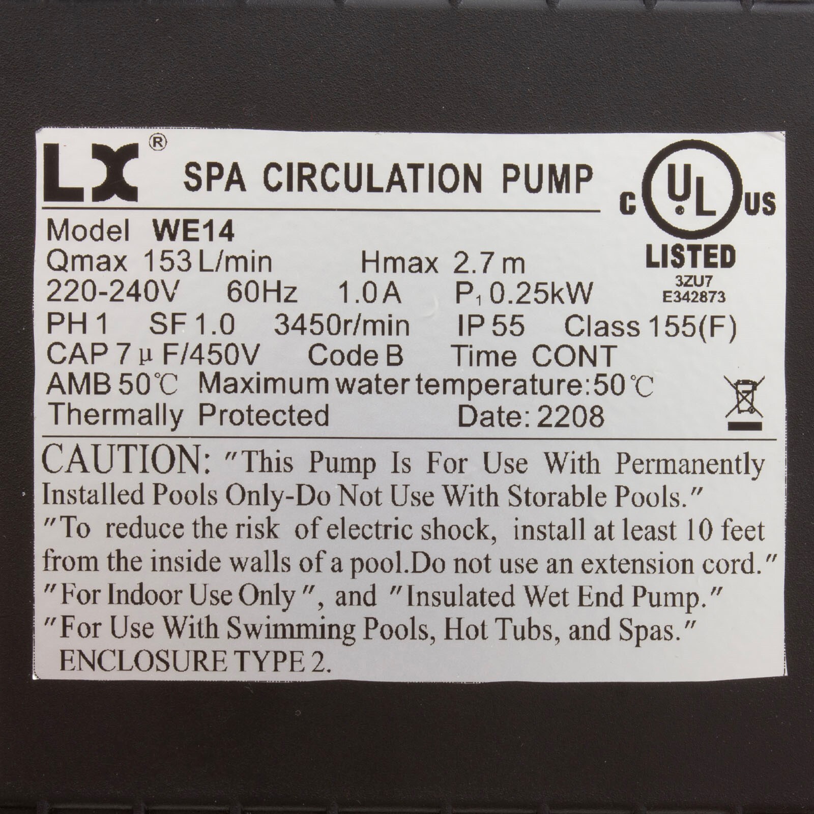 WE14 230V Pump, Circ, LX WE14, 230v, 3450rpm, 1.0A, 1-1/2"mbt