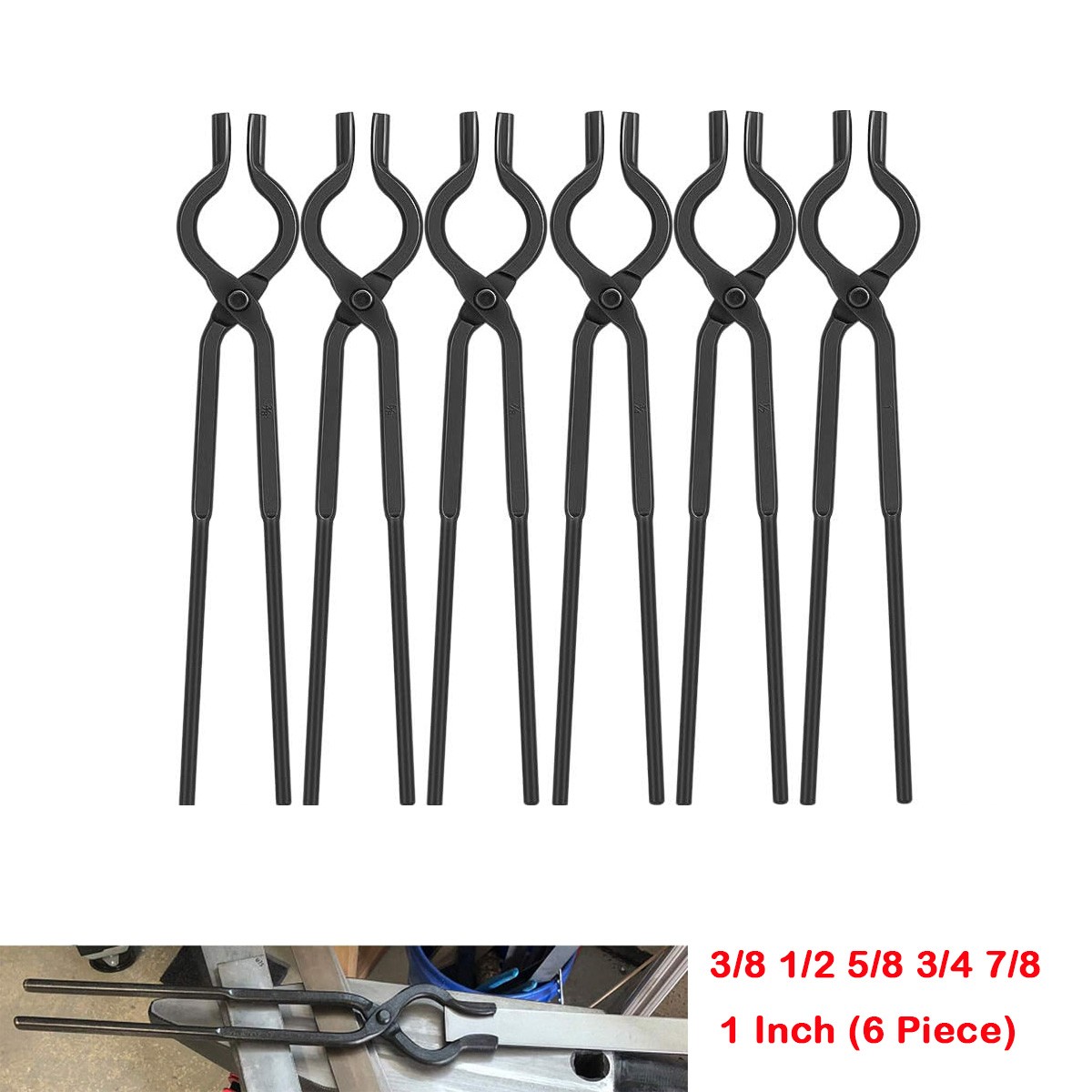 Professional V-Bolt Tongs Set 6-PC for Blacksmith Forge &Knife Making 3/8" to 1"