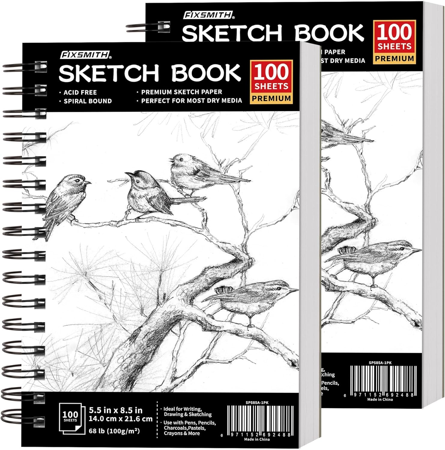 FIXSMITH 5.5"X8.5" Sketch Book | 200 Sheets (68 5.5x8.5-2 Pack, Black