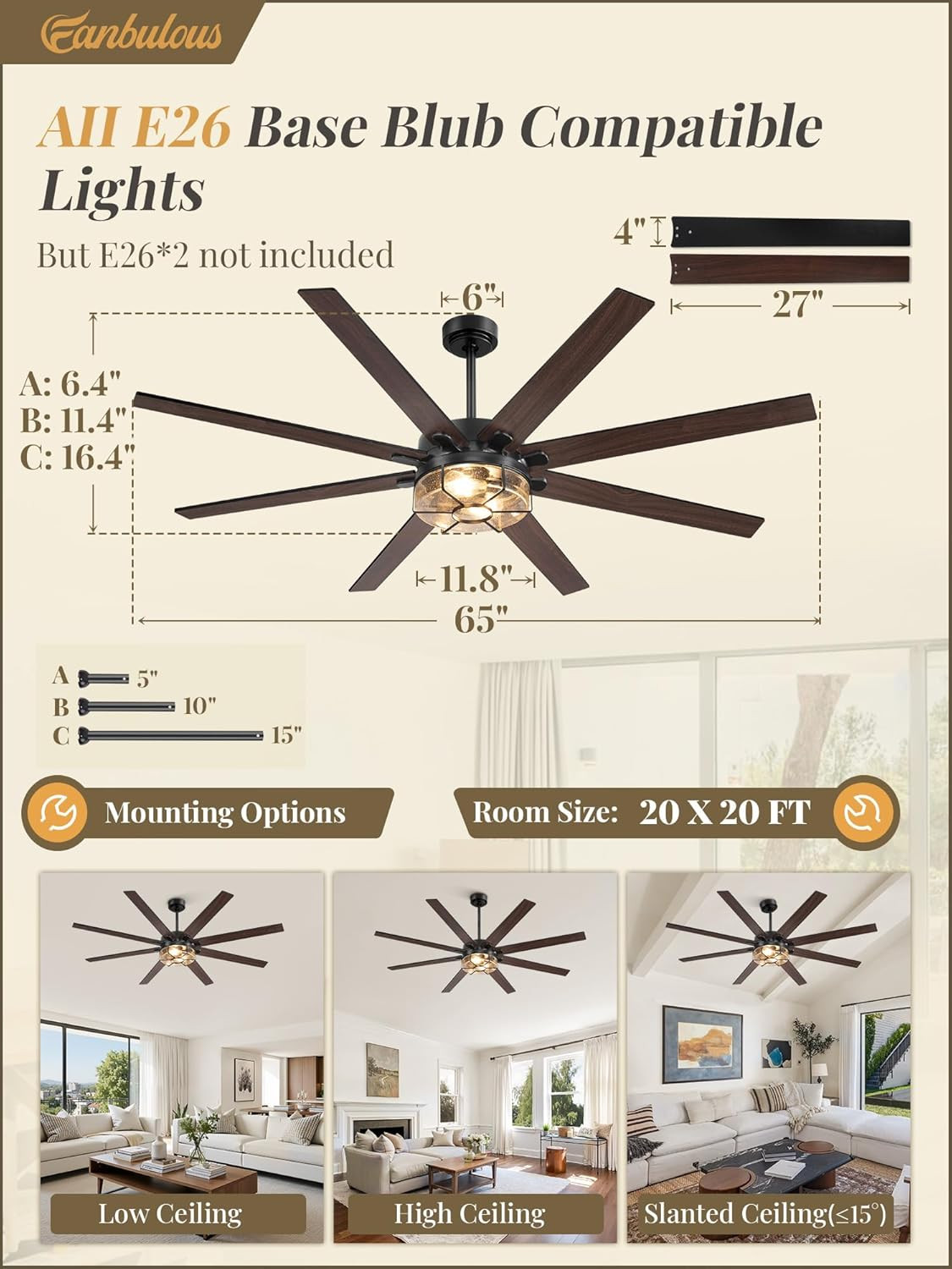 72" Rustic Ceiling Fan with Lights, Remote Control & Silent DC Motor