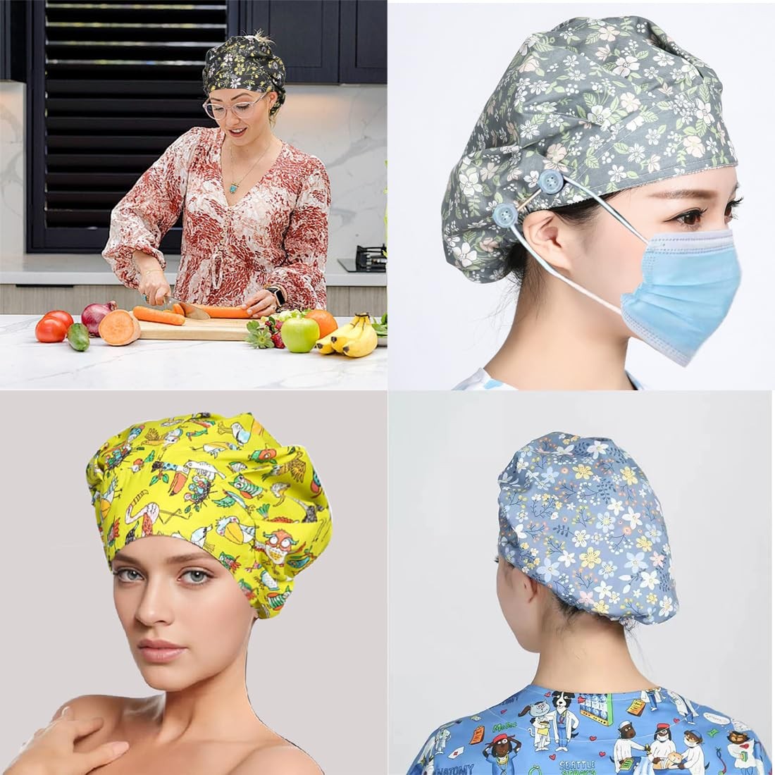6PCS Bouffant Scrub Caps Women, Bouffant Caps with Button and Sweatband, Scru...