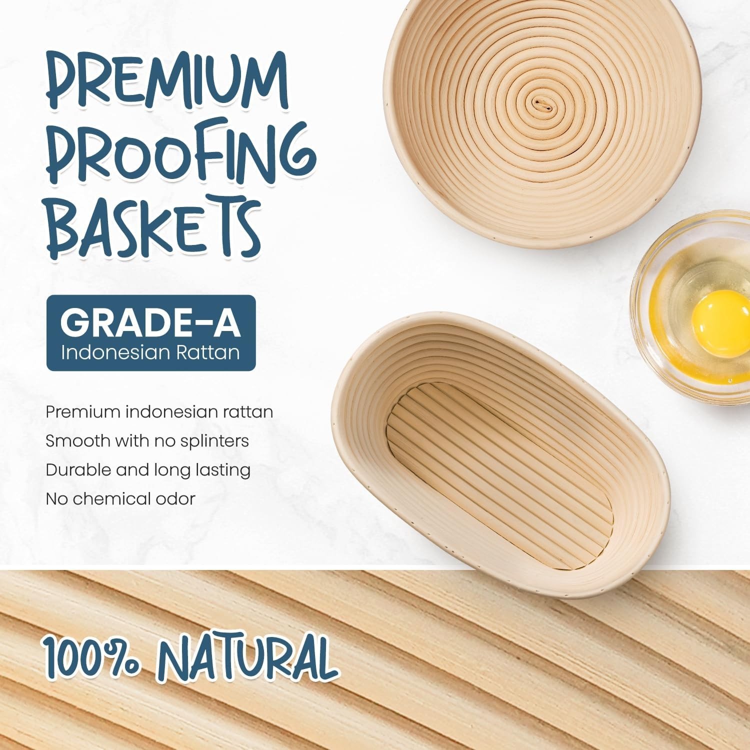 Natural Rattan Bread Proofing Basket Set with Tools - Sourdough Essentials