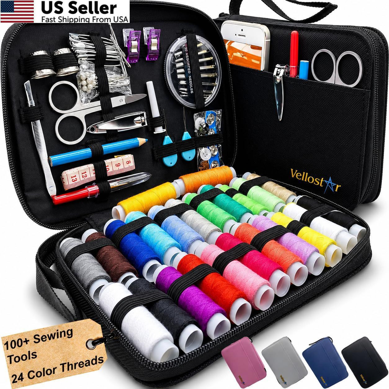 Vellostar Sewing Kit for Adults & Medium (24 Threads), Standard Black