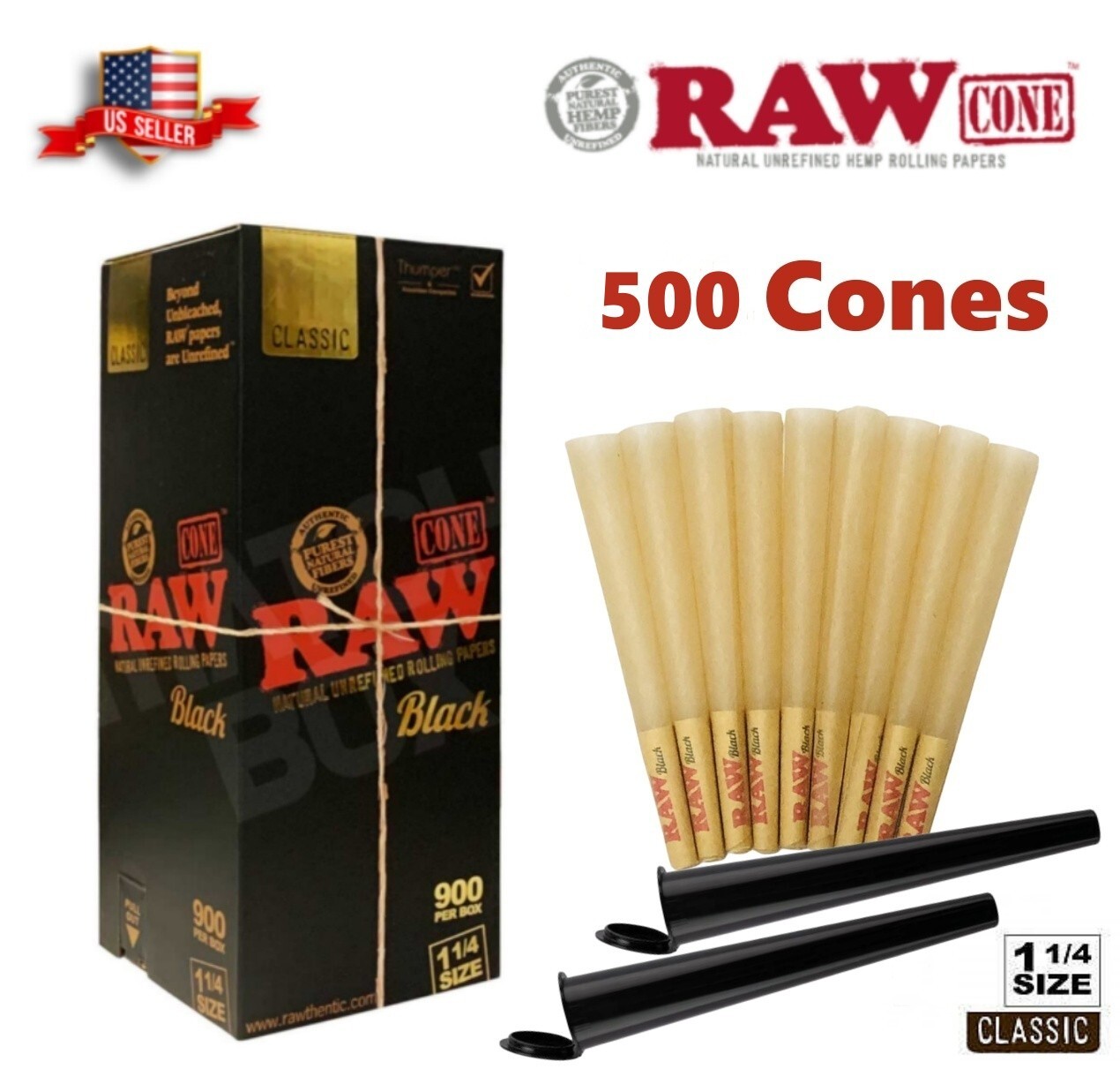 Authentic RAW Black 1 1/4 Size Pre-Rolled Cone 500 Pack & 2 Tubes