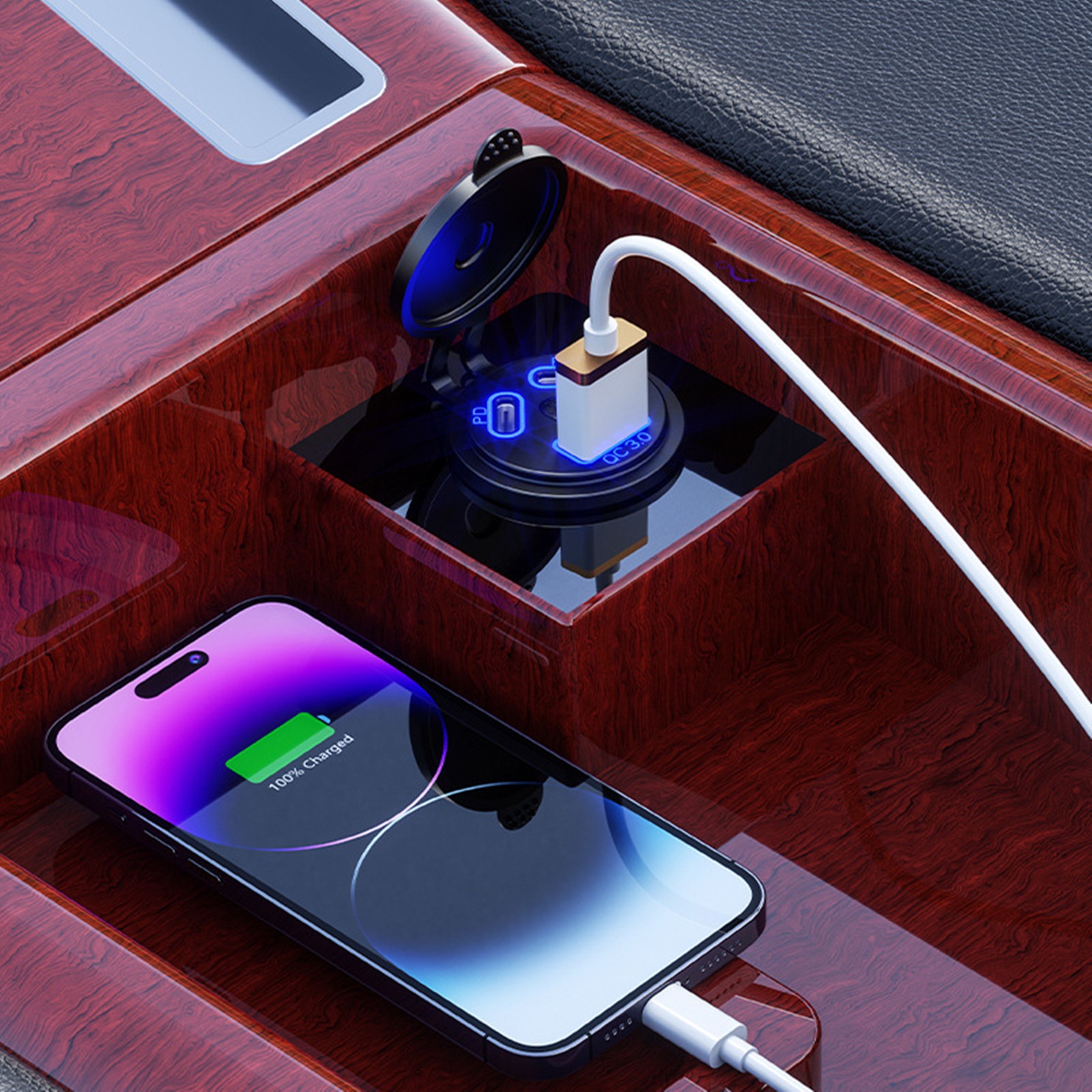 Dual PD+QC 3.0 USB Port Car Cigarette Lighter Socket Plug LED Indicator Black