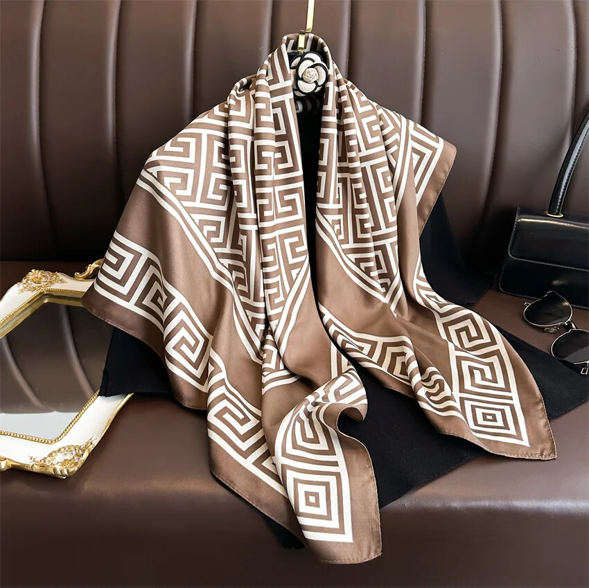 New Fashion Luxury Printing 90*90CM Women Scarf Satin Twill Square Big Shawl