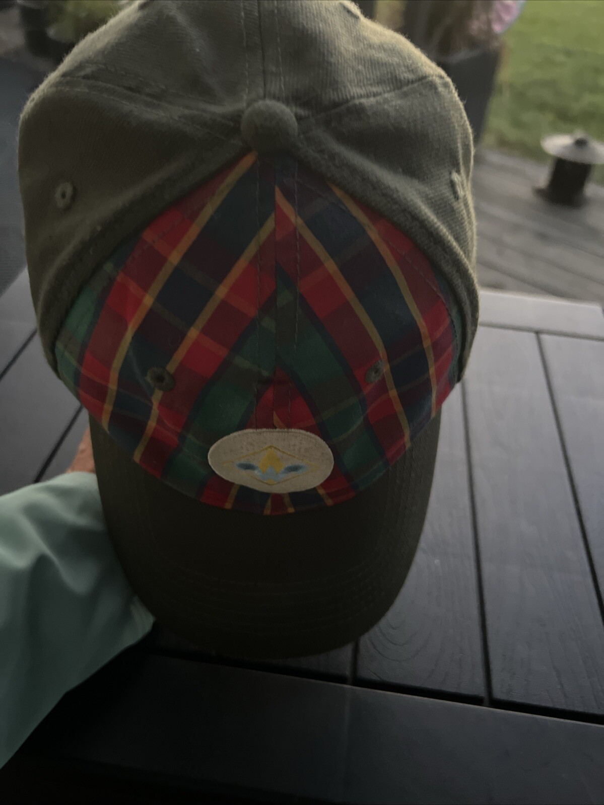 Weblos Olive Green with Plaid and Patch Hat Cap Uniflex Size M/L EUC