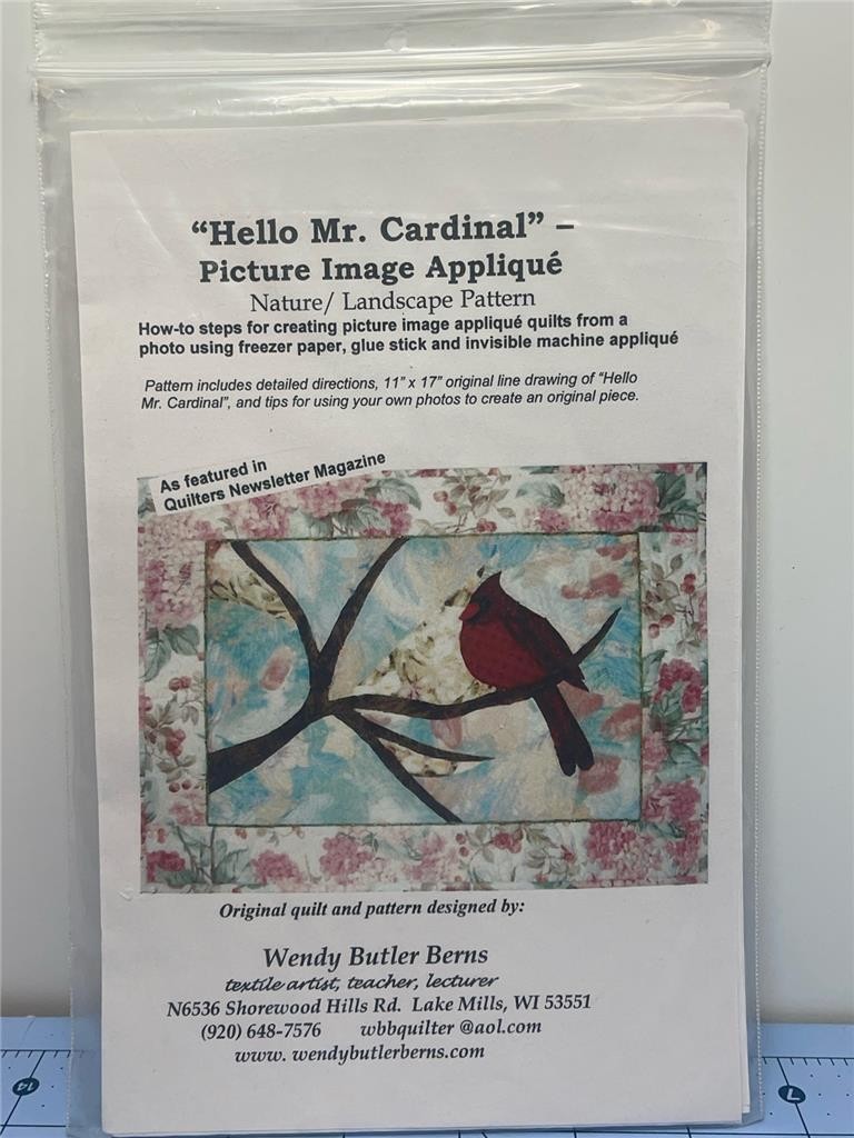 WENDY BUTLER BERNS Quilt Pattern - HELLO MR. CARDINAL Picture Image Applique