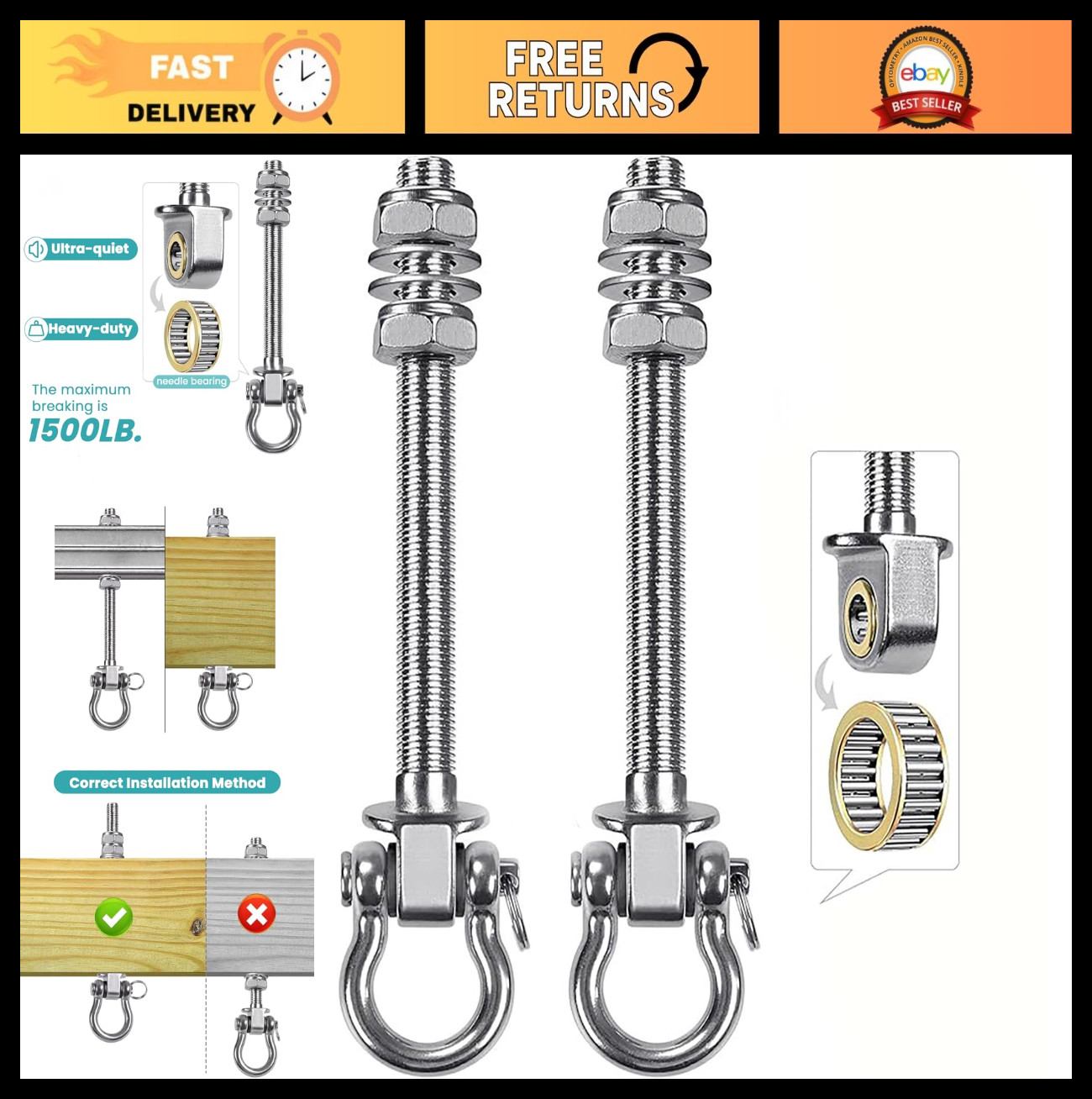 Heavy Duty Swing Hangers with Quiet Bearings, 3000 LB Capacity, Stainless Steel