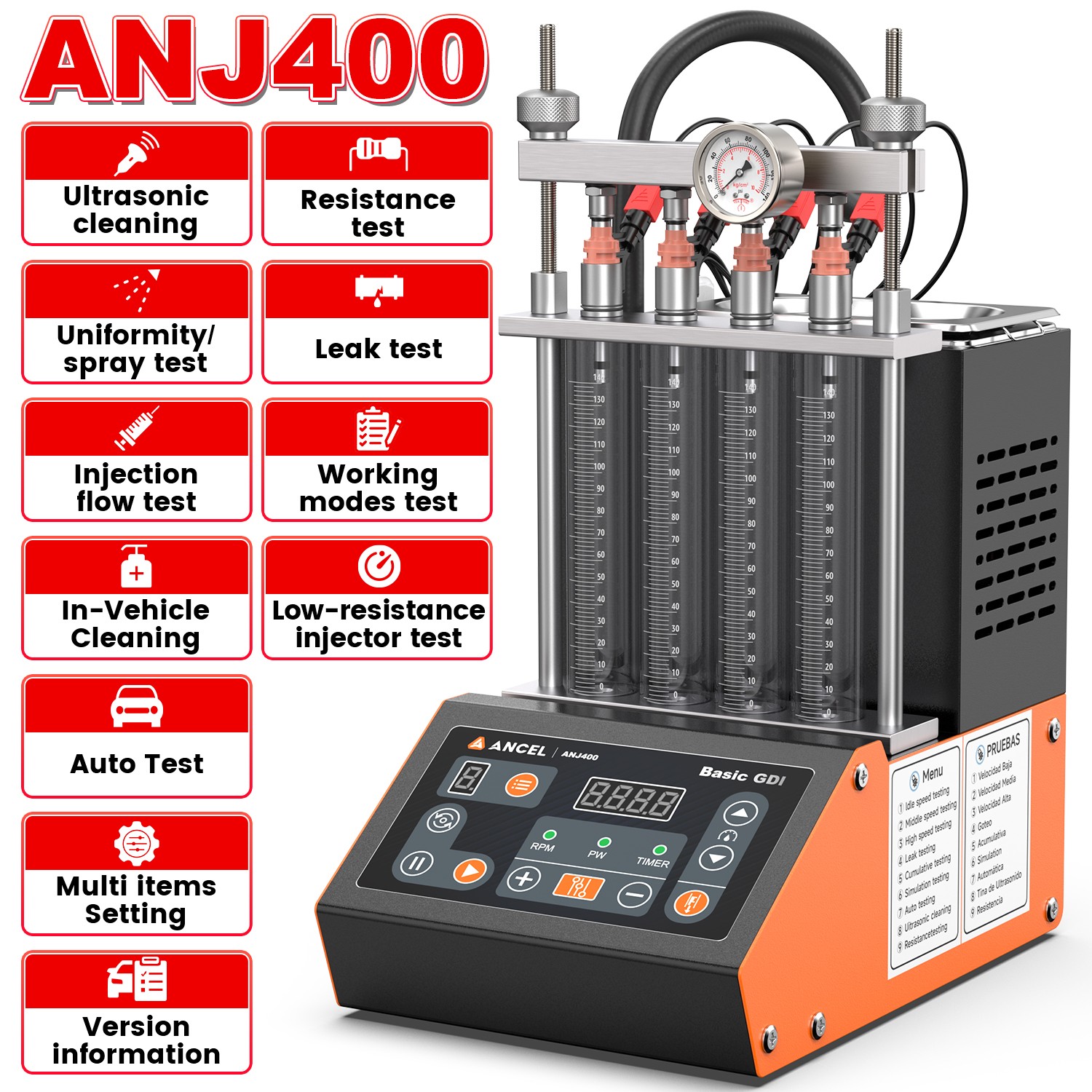 ANCEL ANJ400 4 Cylinder Ultrasonic Cleaning Petrol Fuel Injector Cleaner Tester
