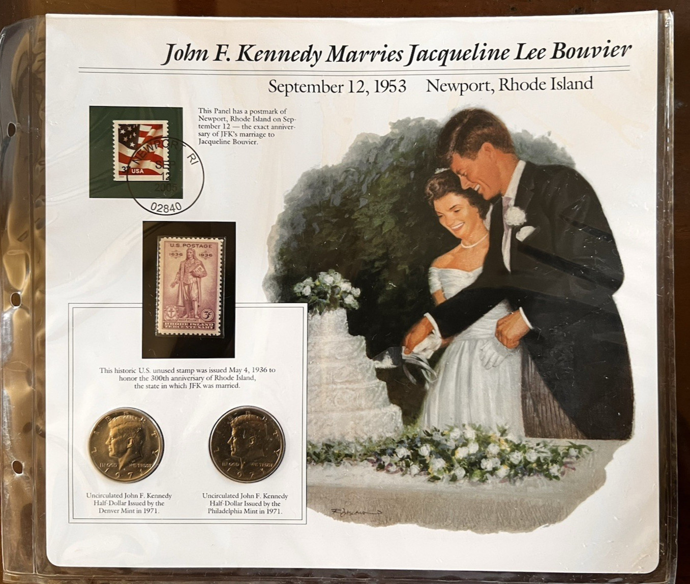 1971 Postal Commemorative: JFK Marries Jacqueline Lee Bouvier Coin and Stamp Set