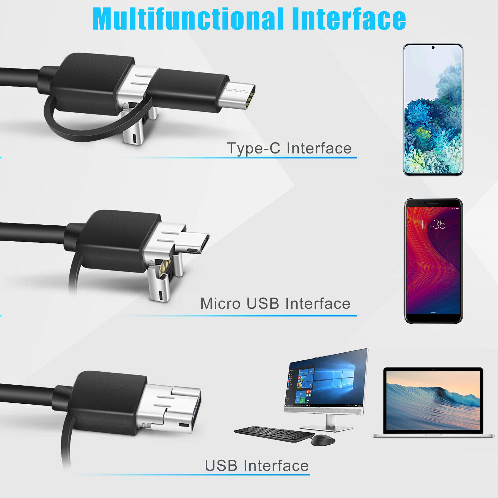 7mm HD Snake Endoscope Borescope Inspection Camera for USB Type C Android PC