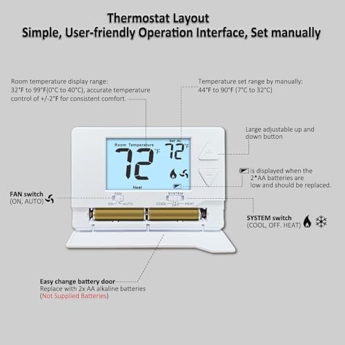 Thermostat for Home Non-Programmable Single-Stage Systems,1 Heat / 1 Cool,Eas...