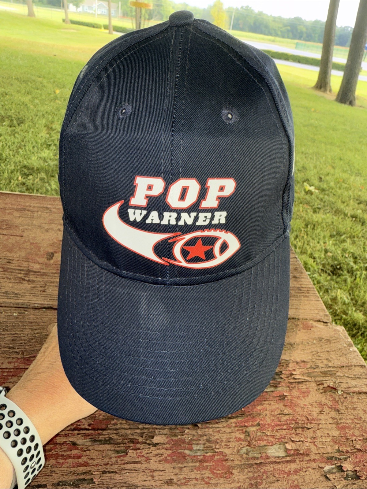 Pop Warner Football Decal Red White on Navy Hat Cap Champion Mid-America ADJ