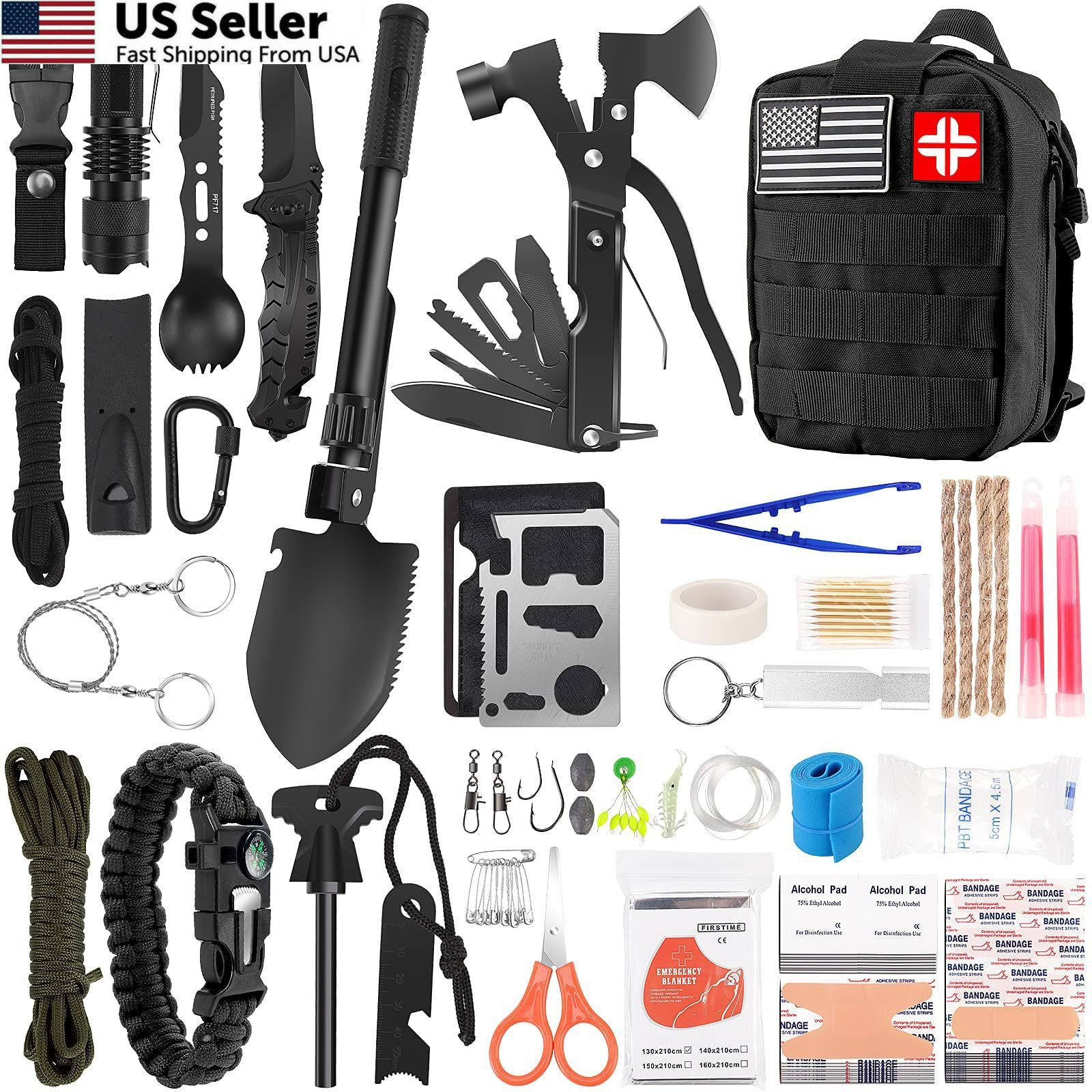 Emergency Survival Kit and First Aid Kit, 142Pcs Medium size, Black