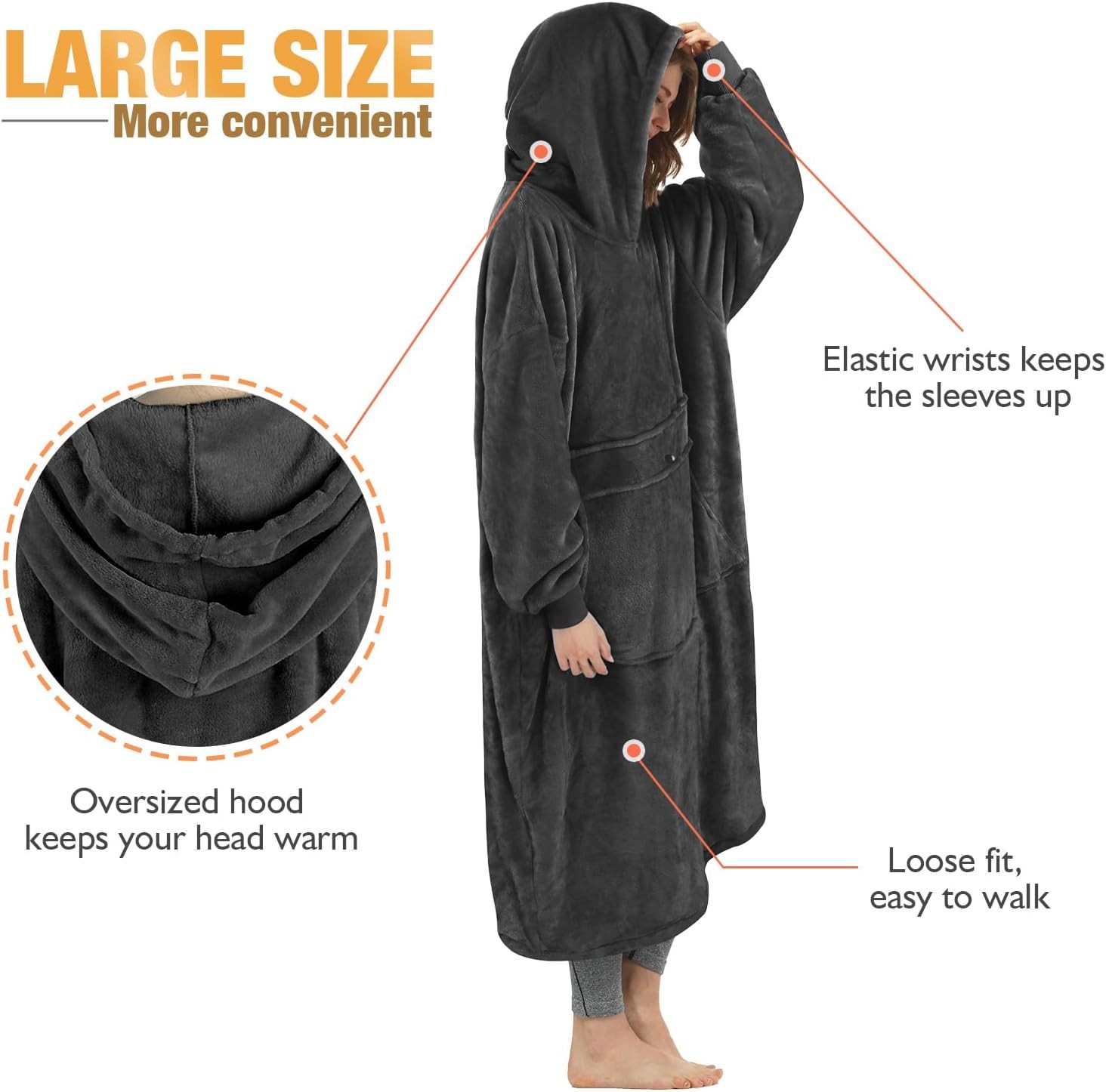 Catalonia Oversized Blanket Hoodie Adult-Extra Long, Black-ankle Length