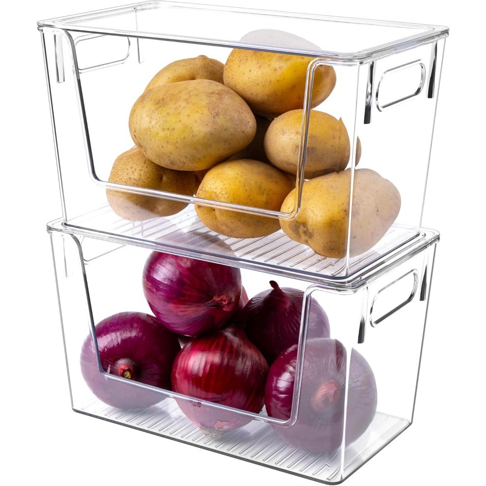 Large Stackable Storage Bins with Lids 2 Pack, Open Front Plastic Container