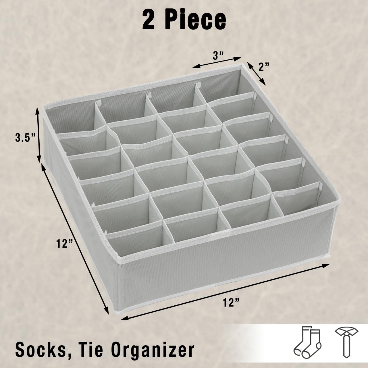 2 Pack Closet Sock Organizer, 24 Cell Drawer Divider, Gray