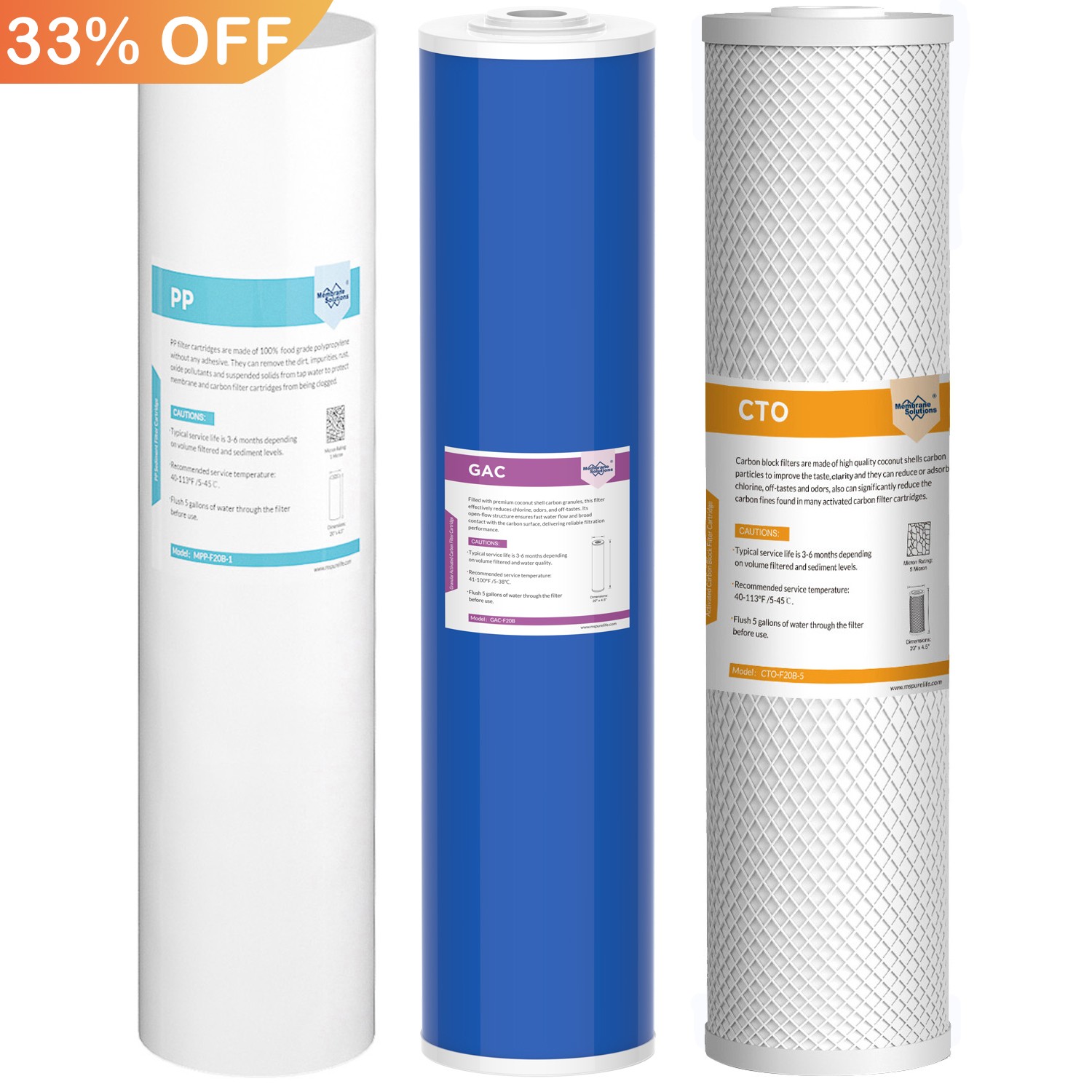 5 Micron 20"x4.5" Big Blue Sediment GAC CTO Carbon Block Water Filter Cartridges