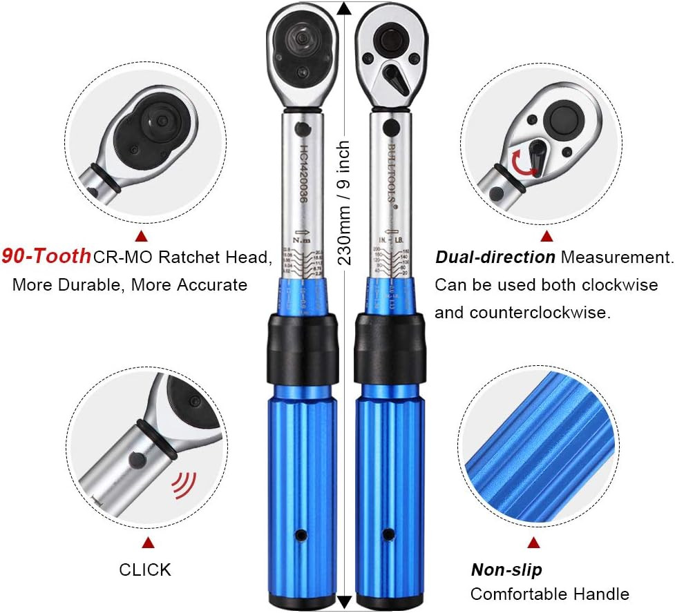 1/4-Inch Drive Click Torque Wrench Set Dual-Direction Adjustable 90-Tooth Torque