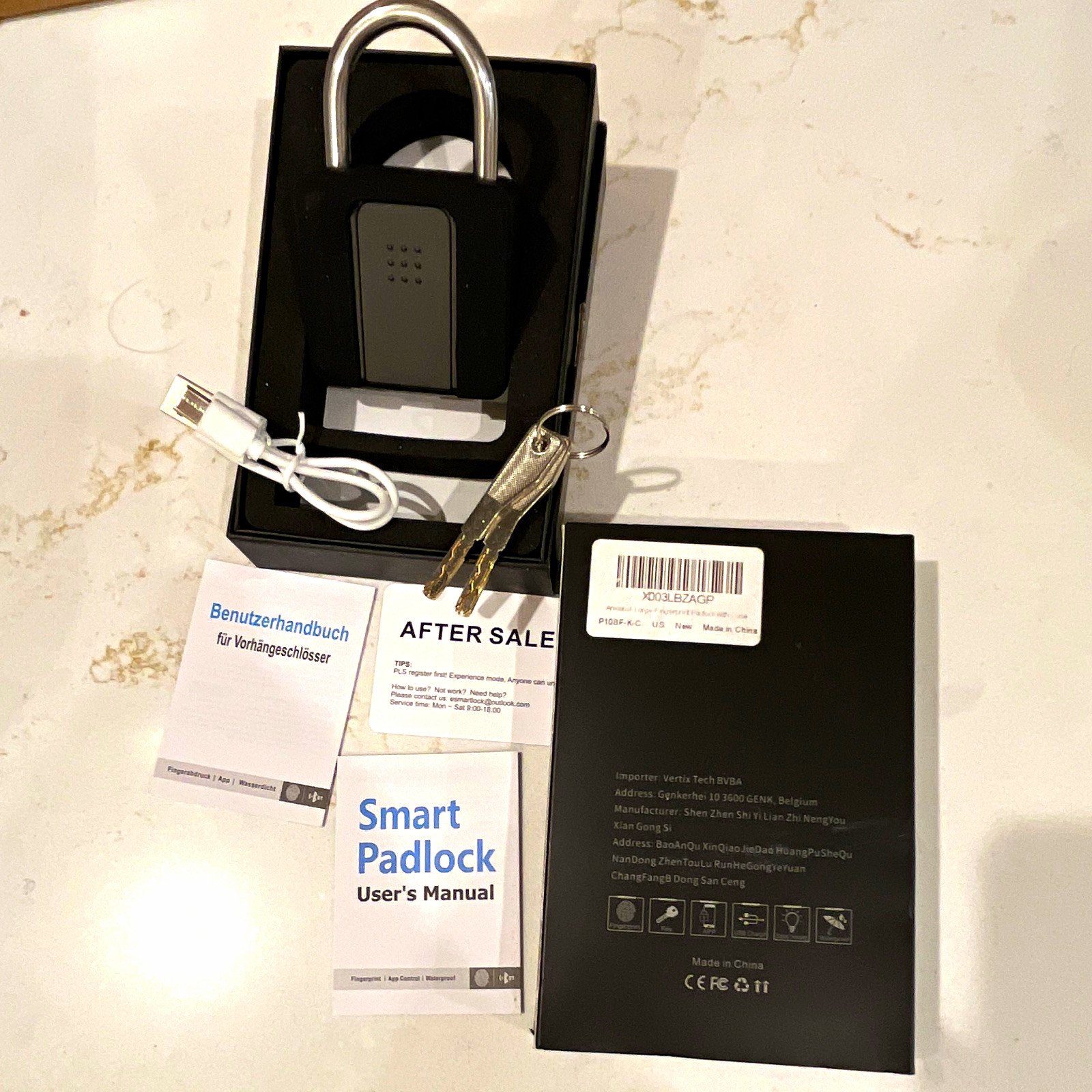 VERTIX TECH BVBA Fingerprint Padlock App Control USB Charge Black 2 Keys