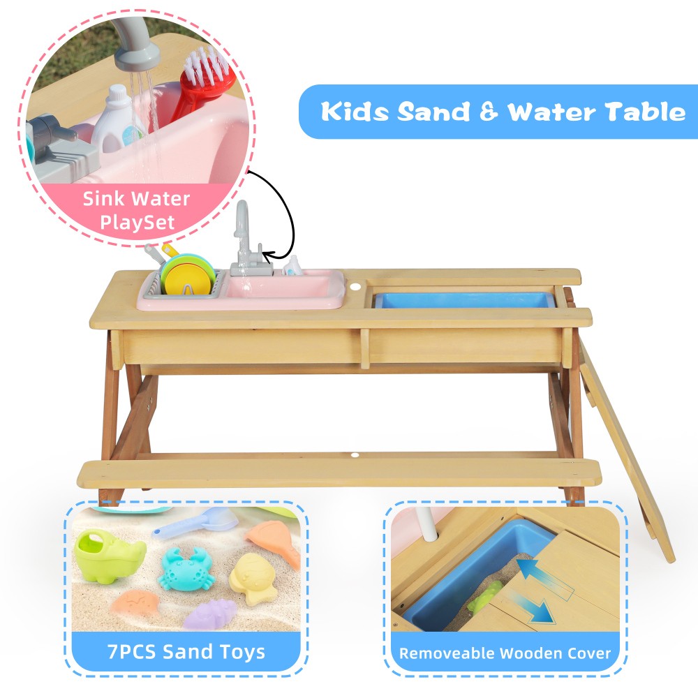 Kids Sand & Water Activity Table with Umbrella, Convertible Picnic Table