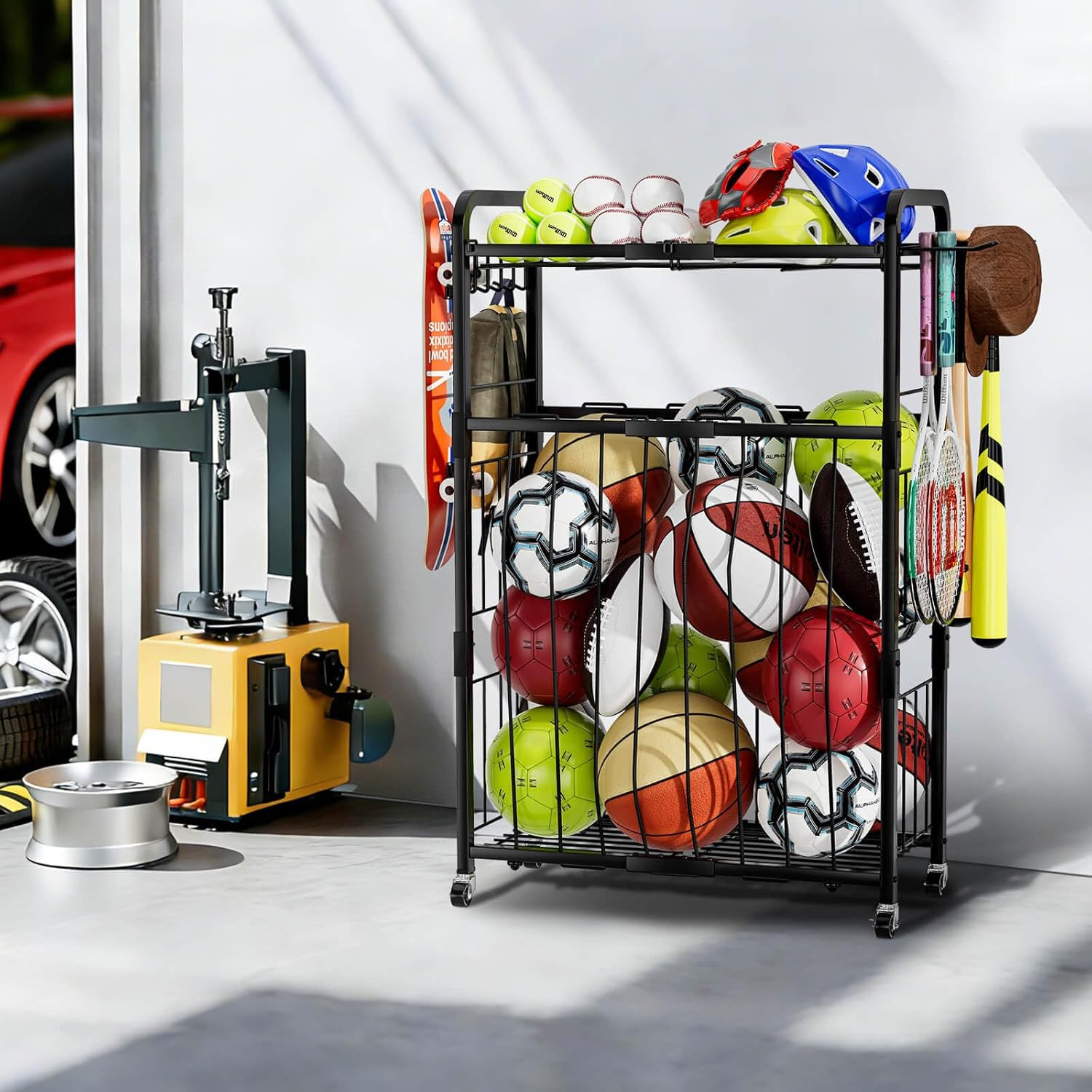 Garage Ball Storage Rack - Sports Equipment Organizer with Wheels, Rolling Sport