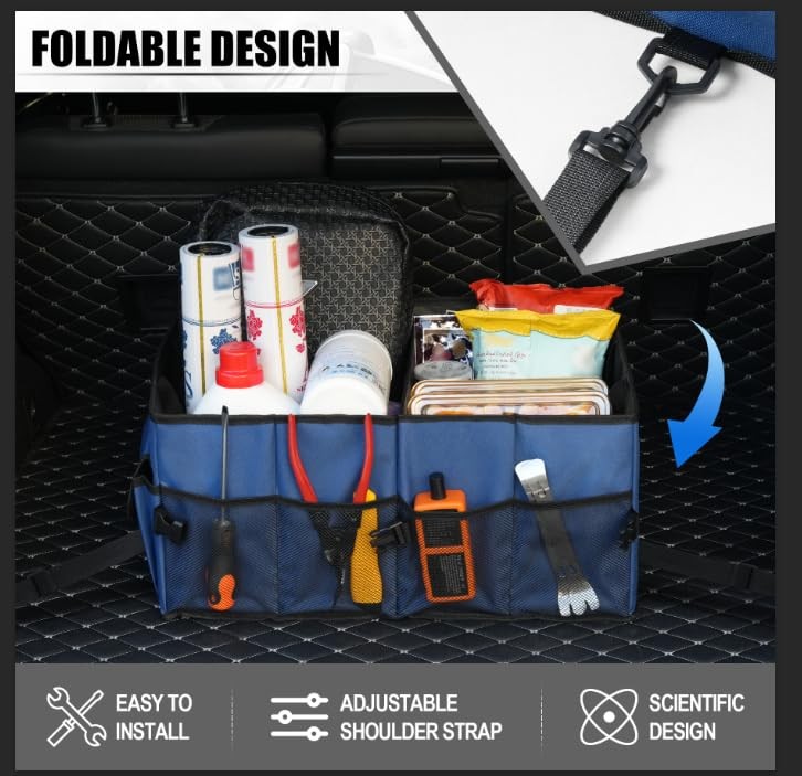 Auto Collapsible Trunk Organizer, 3 Large Compartments and 6 Pockets Dark Blue