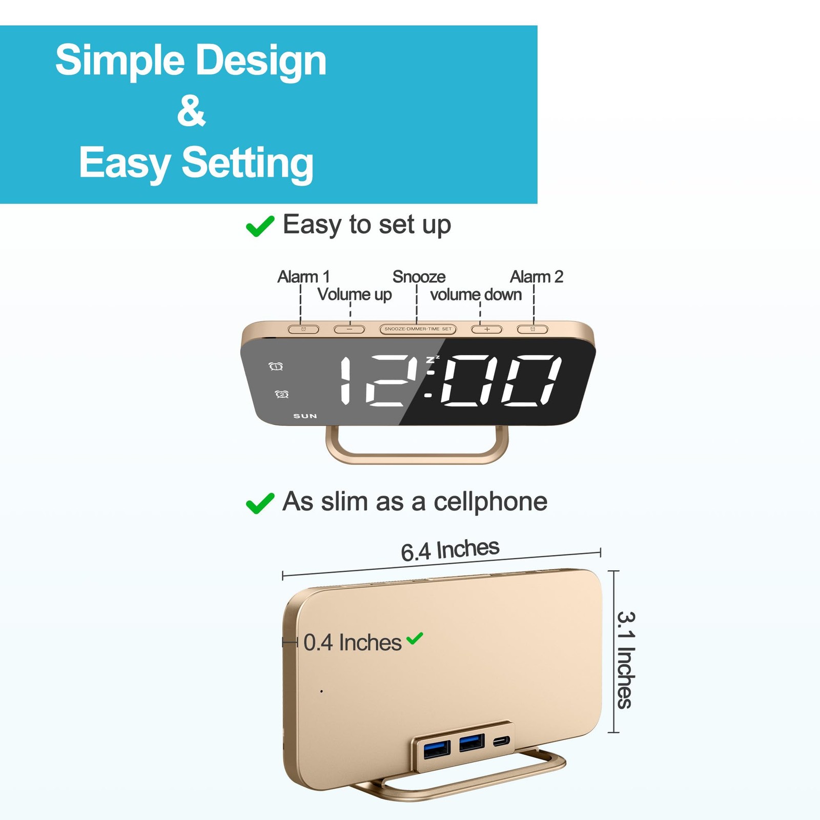 Slim LED Digital Alarm Clock Mirror Surface for Makeup with Diming Large Disp...