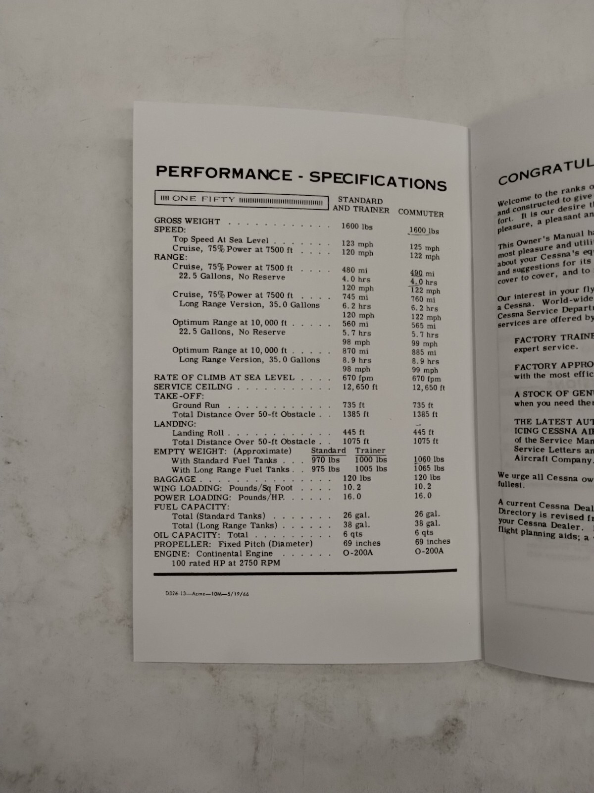 Cessna 1966 Model 150F Owner's Manual-Reproduction.